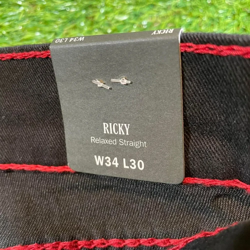 True Religion Ricky Relaxed straight leg Y2K mega stitch black red jeans 34x30
